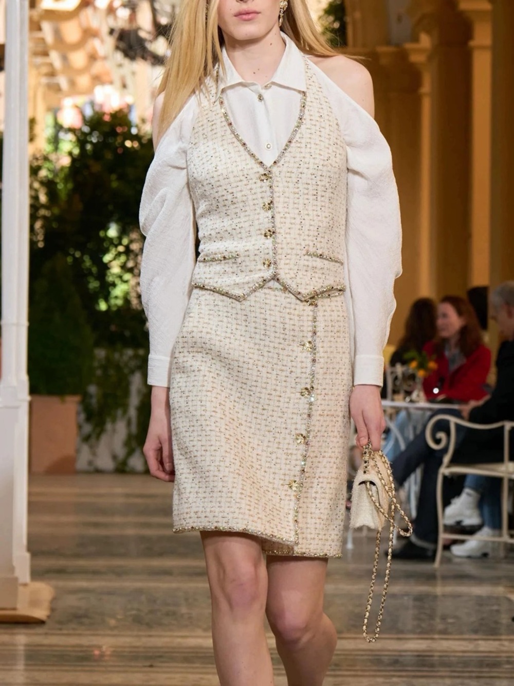 Designer Luxury Beaded Tweed V-Neck Vest in Cream and Gold - Picture 2 of 9